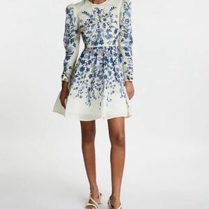 White & Blue Floral Long-Sleeve Fit-and-Flare Dress
